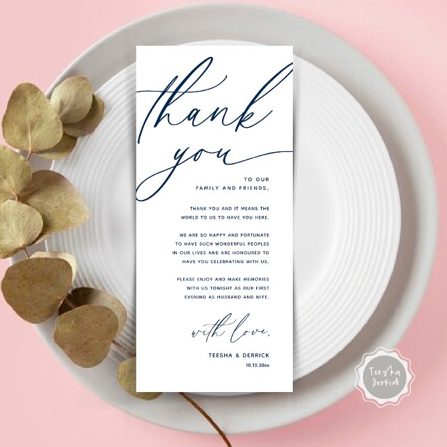 Romantic Wedding Place Setting Thank You Card (Romantic Wedding Place Setting Modern Dinner Brunch Lunch Party Thank You Card in Navy Blue)