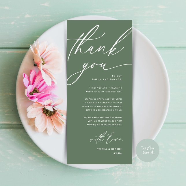 Romantic Wedding Place Setting Thank You Card (Romantic Wedding Place Setting Modern Dinner Brunch Lunch Party Thank You Card in Sage Green)