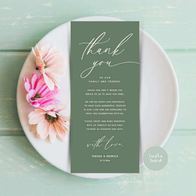 Romantic Wedding Place Setting Thank You Card (Romantic Wedding Place Setting Modern Dinner Brunch Lunch Party Thank You Card in Sage Green)