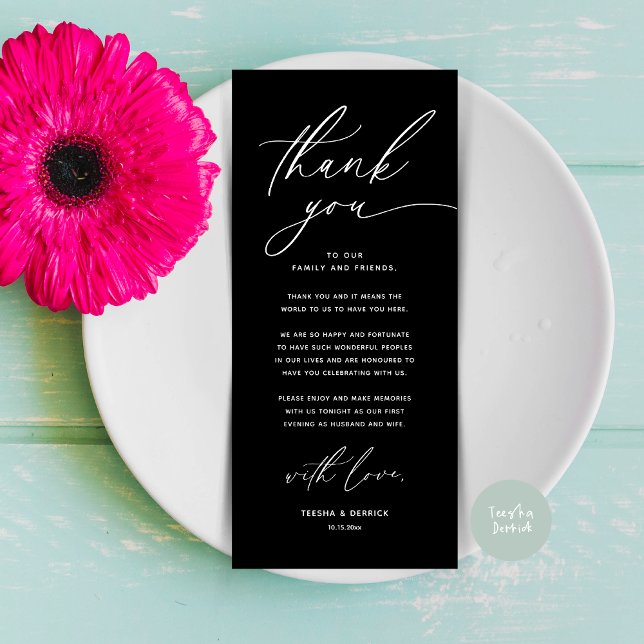 Romantic Wedding Place Setting Thank You Card (Romantic Wedding Place Setting Modern Dinner Brunch Lunch Party Thank You Card in Classy Black White)