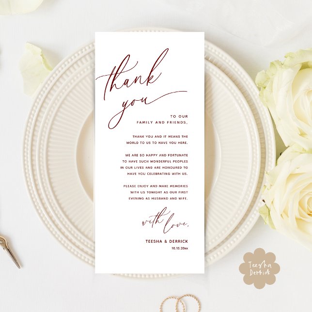 Romantic Wedding Place Setting Thank You Card (Romantic Wedding Dinner Place Setting Thank You Card Lunch Brunch in Burgundy Wine Red)