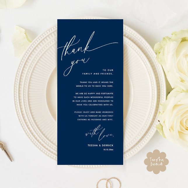 Romantic Wedding Place Setting Thank You Card (Romantic Wedding Dinner Place Setting Thank You Card Lunch Brunch in Classy Navy Blue)