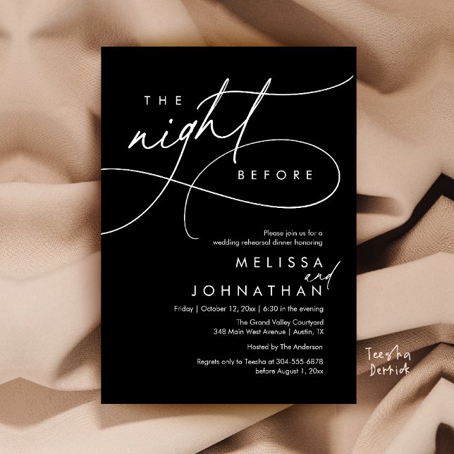 Romantic Wedding Rehearsal Dinner The Night Before Invitation (Romantic Wedding Rehearsal Dinner The Night Before Invitation Card in White-and-Black)