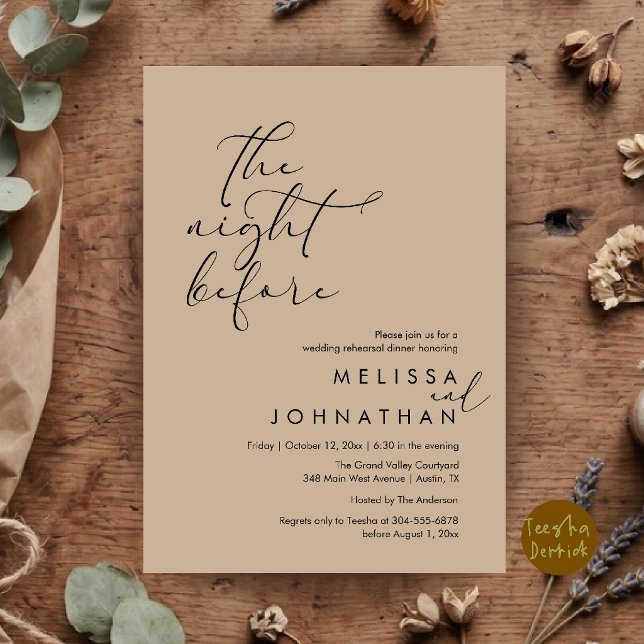 Romantic Wedding Rehearsal Dinner The Night Before Invitation (Romantic Wedding Rehearsal Dinner The Night Before Invitation Card in Kraft Tan Brown)