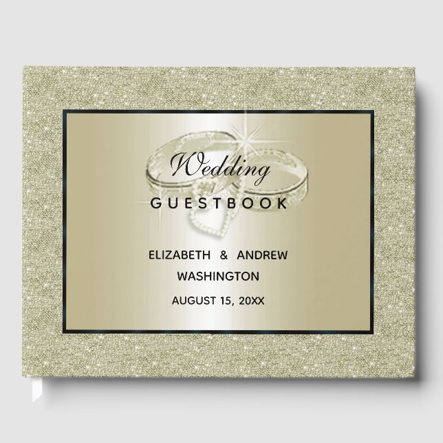 Romantic Wedding Rings, Gold Glitter Wedding Guest Book (Front)