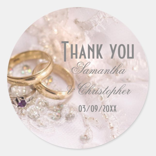 Romantic wedding rings thank you classic round sticker (Front)