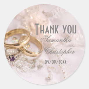 Romantic wedding rings thank you classic round sticker