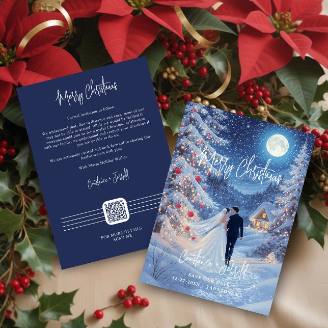 Romantic Wedding Scene Toward Christmas Cabin Save The Date (Bride and Groom in a Mystical Romantic Forest on the Way to Christmas Cabin Save the Date with QR.)