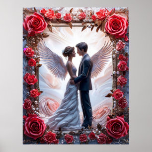 Romantic Wedding Scene with Angels and Rose Frame Poster