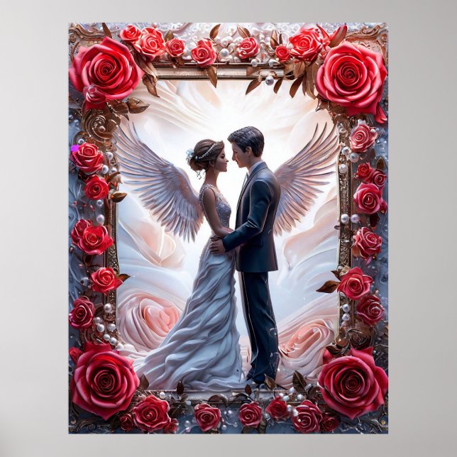 Romantic Wedding Scene with Angels and Rose Frame Poster (Front)