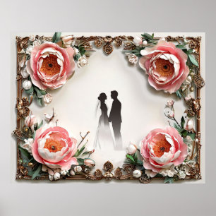 Romantic Wedding Silhouette in Floral Frame Poster