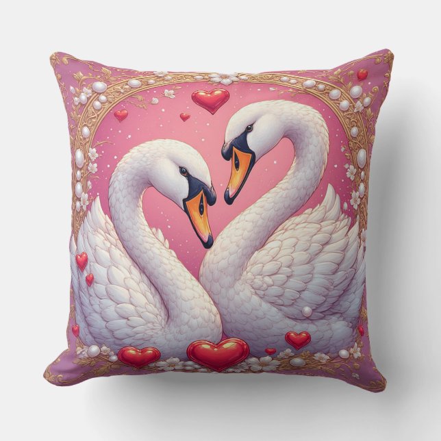 Romantic Wedding Swans Framed by Ornat Cushion (Front)