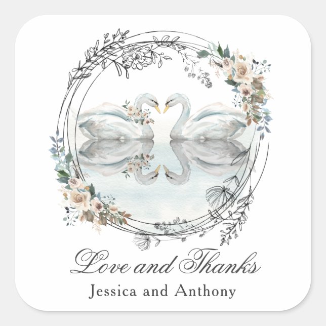 Romantic Wedding Swans Thank You Square Sticker (Front)