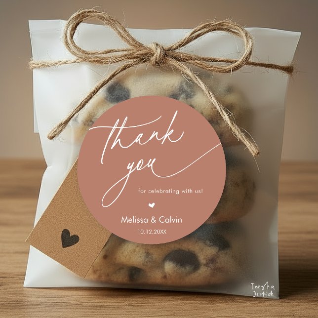 Romantic Wedding Thank you for celebrating with us Classic Round Sticker (Romantic Wedding Thank you for celebrating with us Classic Round Sticker in Terracotta Brown Earthy )