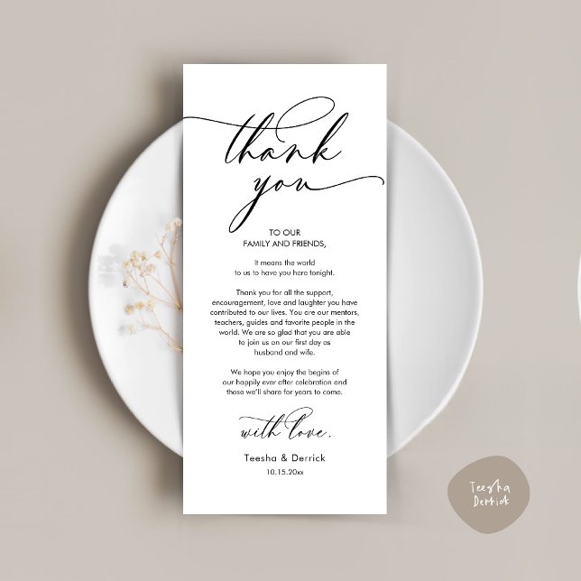 Romantic Wedding Thank You Place Setting Card (Romantic Wedding Dinner Thank You Place Setting Card, in Black and White )