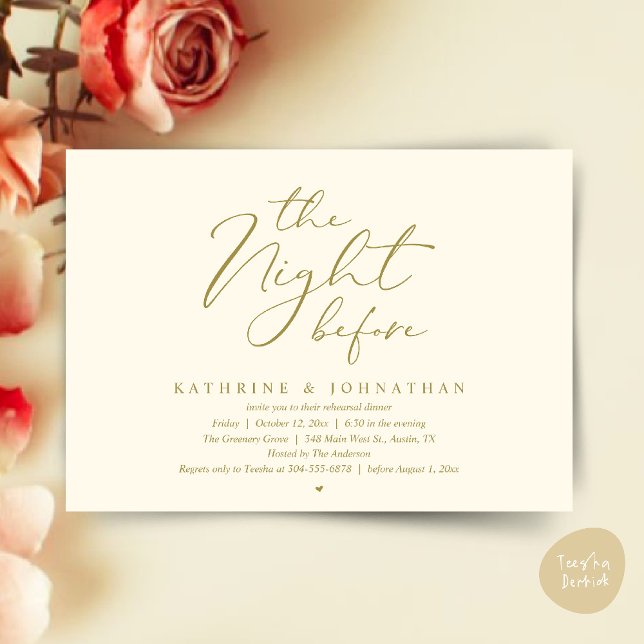 Romantic Wedding The Night Before Rehearsal Dinner Invitation (The Night Before Romantic Wedding Rehearsal Dinner Invitation Card in Yellow gold)