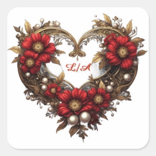 ✨ Romantic Wedding With Red Flower Heart ✨ Square Sticker
