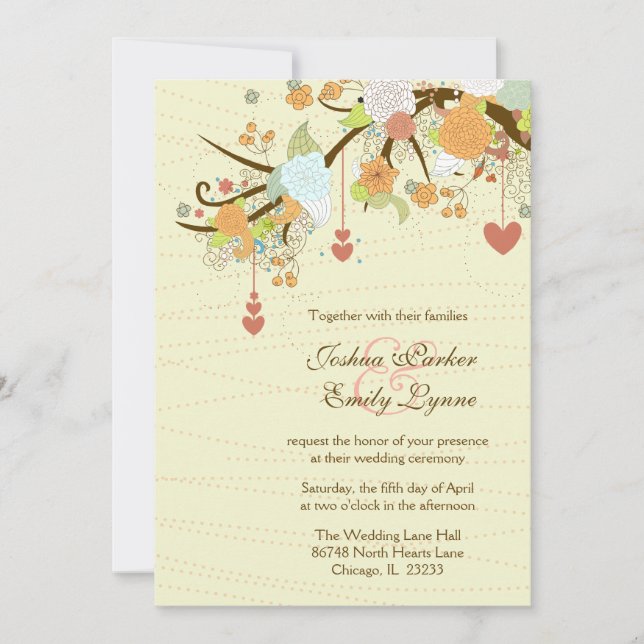 Romantic whimsical flowers + hearts wedding invite (Front)