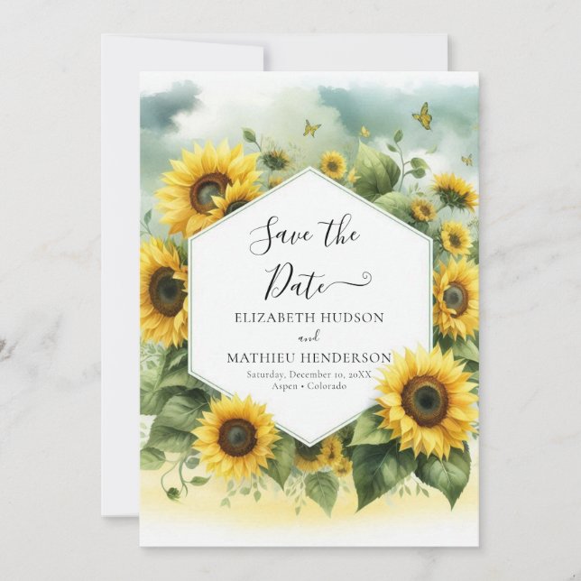 Romantic Whimsical Sunflower Wedding Save The Date (Front)