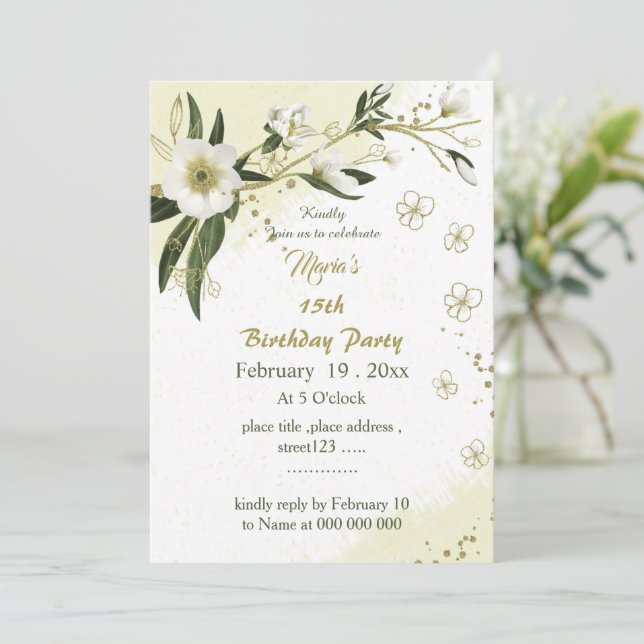 romantic white and gold flowers birthday invitatio invitation (Standing Front)