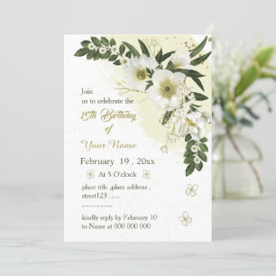 romantic white and gold flowers birthday invitation