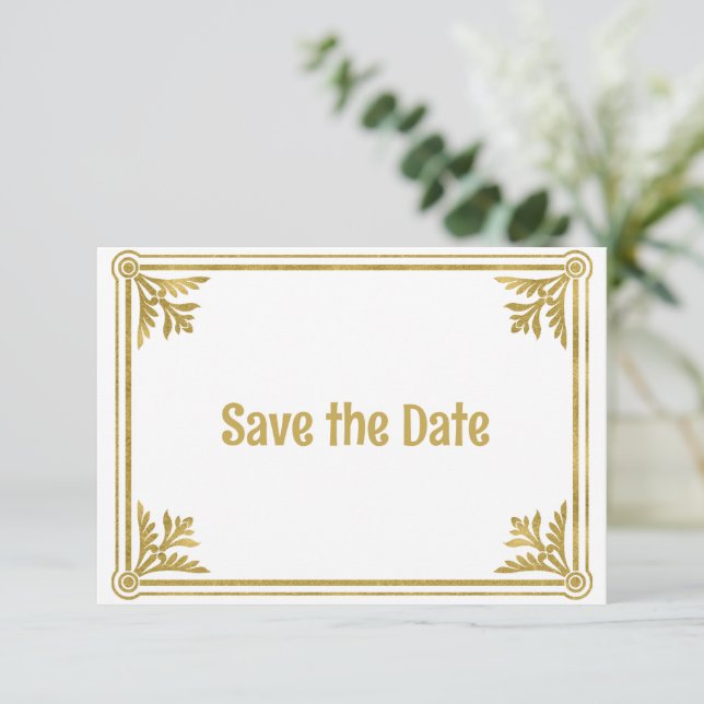 Romantic White and Gold Frame  Save The Date (Standing Front)
