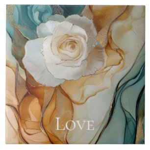 Romantic White Aqua Gold Floral Love Tile