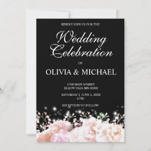 Romantic white & black lace hydrangeas pink roses  invitation