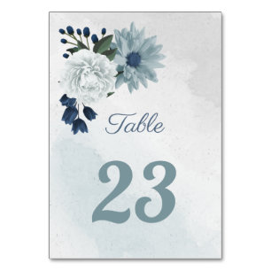 romantic white & blue floral greenery table number