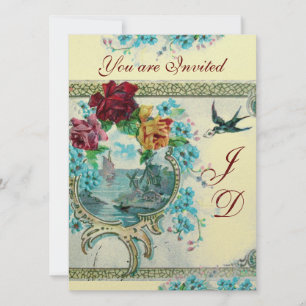 ROMANTIC WHITE BLUE FLORAL WEDDING MONOGRAM INVITATION