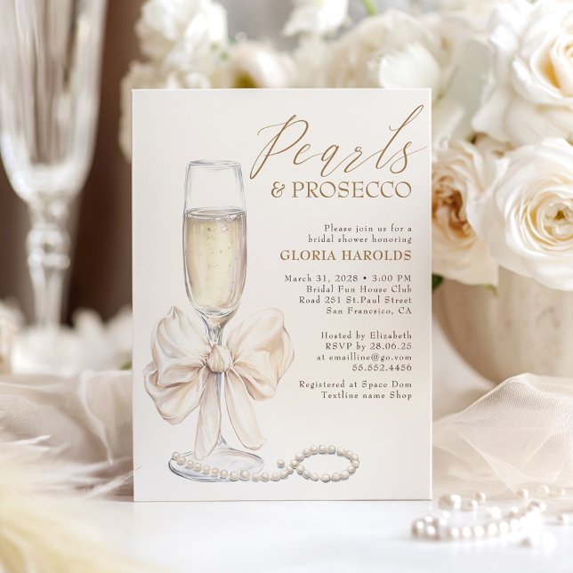 Romantic White Bow Pearls & Prosecco Bridal Shower Invitation (Pearls and Prosecco Bridal Shower Invitation with Bow)