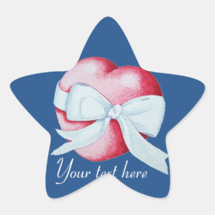 romantic white bow tied around red heart star sticker