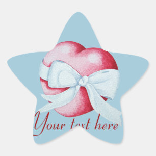 romantic white bow tied around red heart star sticker