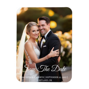 Romantic White Calligraphy Photo Save the Date Magnet