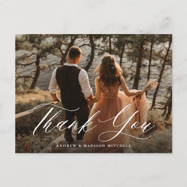 Romantic White Calligraphy Photo Thank You Postcard (Front)