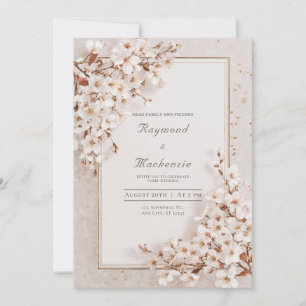 Romantic White Cherry Blossom Gold Frame Wedding Invitation