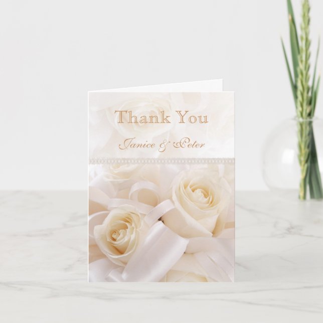 Romantic white cream roses Wedding Thank You (Front)