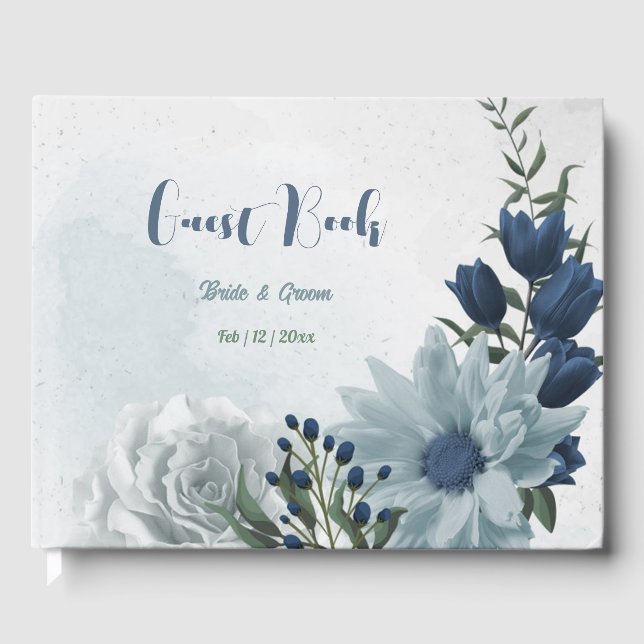 romantic white dusty &navy blue floral greenery guest book (Front)