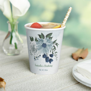 romantic white dusty &navy blue floral greenery paper cups