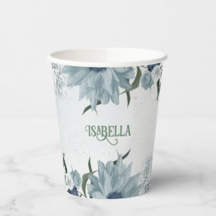 romantic white dusty &navy blue floral greenery paper cups