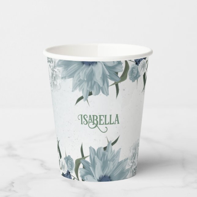 romantic white dusty &navy blue floral greenery paper cups (Left)