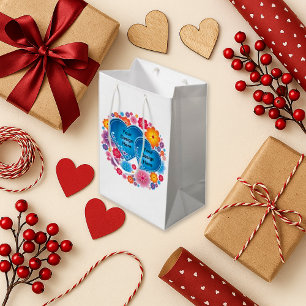 Romantic White Floral Blue Heart Small Gift Bag
