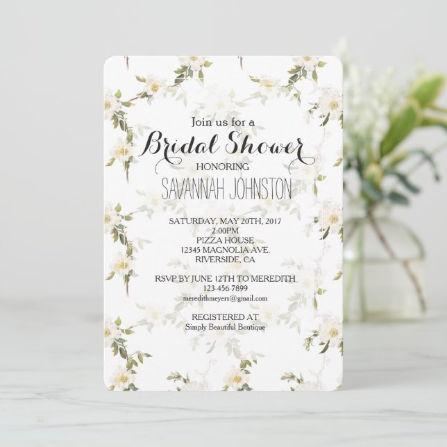 Romantic White Floral Bridal shower Invitation (Standing Front)