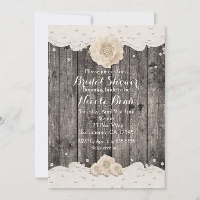 Romantic White Flower & Pearls Rustic Wood Invitation (Front)