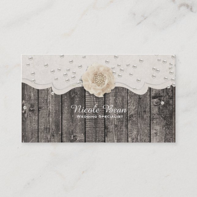 Romantic White Flower & Pearls Rustic Wood Wedding Business Card (Front)