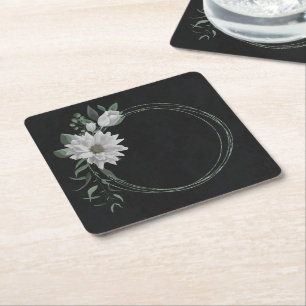 romantic white flowers and green leaves black square paper coaster