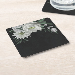 romantic white flowers and green leaves black square paper coaster