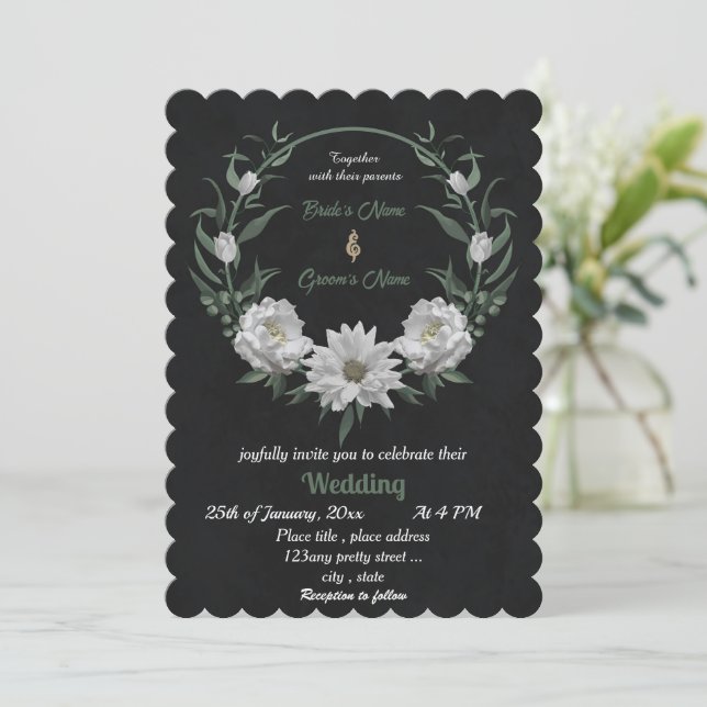 romantic white flowers botanical black wedding  invitation (Standing Front)