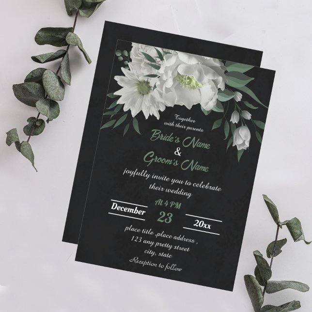 romantic white flowers botanical black wedding  invitation (Creator Uploaded)