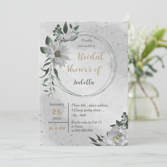 romantic white flowers botanical bridal shower invitation (Standing Front)